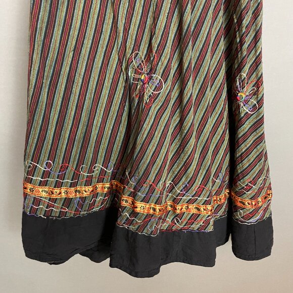 Striped Wrap Skirt Floral Embroidery Boho Flowers Ribbon Tie Waist Green Red - Picture 10 of 16